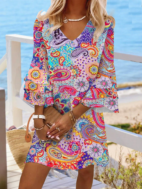Robe courte imprimée à col en V et manches 3/4 pour femme m300699 