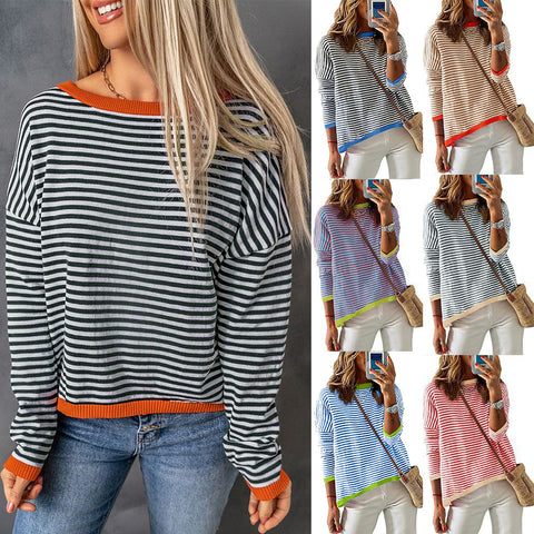 Crew neck striped contrasting color long-sleeved casual sweater m300958