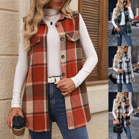 Gilet ample sans manches à carreaux pour femme, mode automne-hiver m300977 