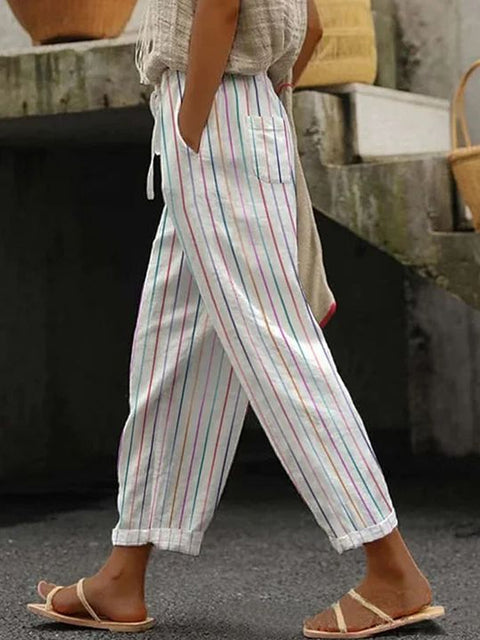 Regular drawstring pocket slacks multi-color digital print women's trousers m301434