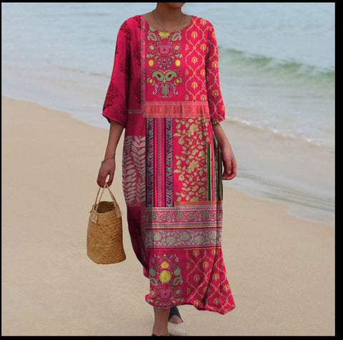 Robe longue à col ras du cou pour femme, imprimée, décontractée, tendance, m301059