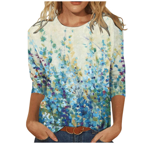 T-shirt ample à col rond et manches 3/4 pour femme, imprimé M300227 