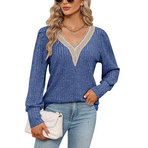 T-shirt ample à manches longues et col en V pour femme, en dentelle, avec bandes sous les aisselles, poli, ample, m300519 