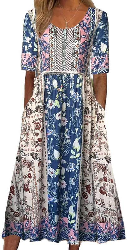 Robe longue décontractée à col ras du cou et manches courtes pour femme, imprimé 3D, taille plissée, style trapèze, m301299 