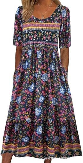 Robe longue décontractée à col ras du cou et manches courtes pour femme, imprimé 3D, taille plissée, style trapèze, m301299 