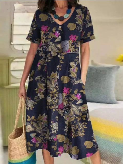 Summer printed cotton and linen retro ethnic style loose short-sleeved pendulum dress m301970