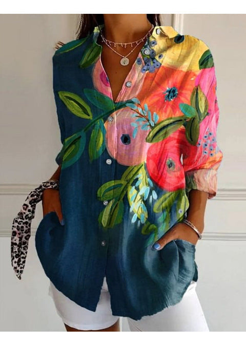 3D digital printing abstract pattern women's long-sleeved buckle linen shirt m301277