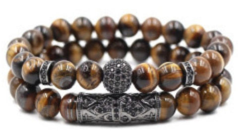 Elastisches Armband aus Tigerauge-Kupfer mit Mikroeinlage, schwarzer, matter Zirkonia, m3331288