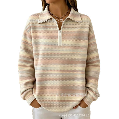 Lapel Striped Pen Print Women's Half Zip Sweater FF303305