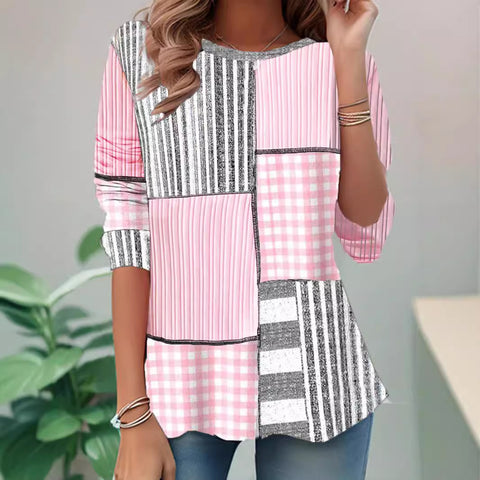 Langärmliges Damen-T-Shirt im Retro-Karo-Stil mit Rundhalsausschnitt m300651 