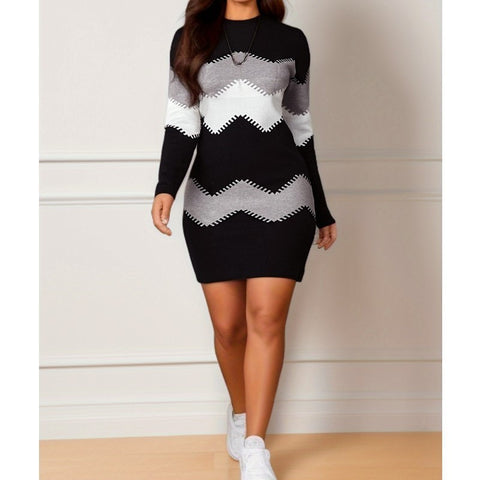 Robe fourreau mi-longue en maille imprimée, col rond, manches longues, M300204 