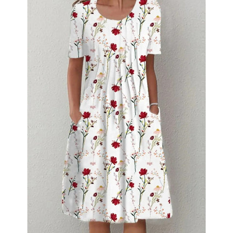 Robe mi-longue à imprimé floral, col rond, poches, printemps/été, pour femme, m300037 