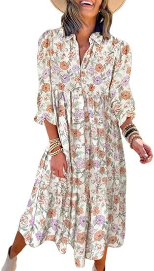 Robe ample à manches longues et col en V pour femme, style bohème, florale, élégante, en forme de A, m300573 