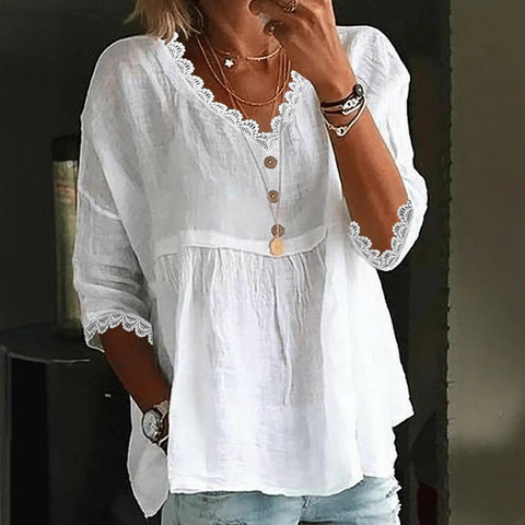 Casual seven-quarter-sleeved lace V-neck pullover multi-color women's top shirt m301420