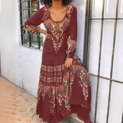 Robe élégante à manches longues, imprimé automne, col en U, style vacances balnéaires, m300927 