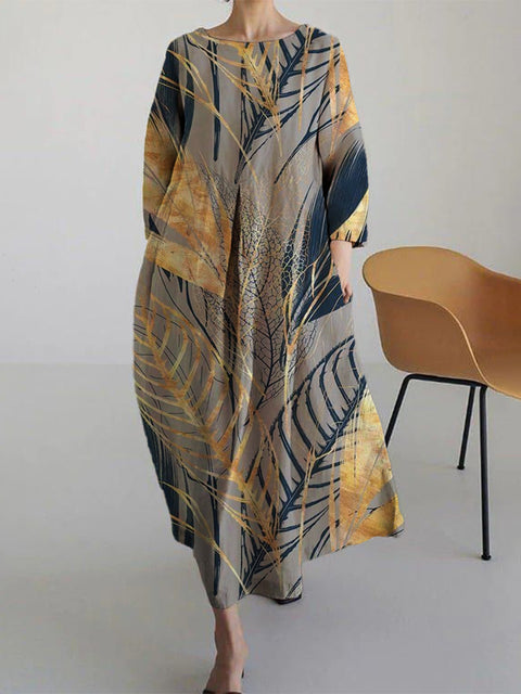 Robe ample à col ras du cou et manches longues imprimée haut de gamme m301044