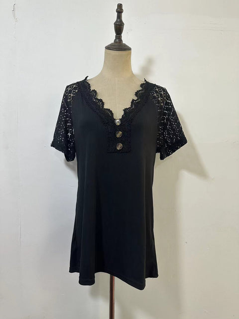 Pull confortable et décontracté à manches courtes et col en V avec coutures en dentelle M300159 