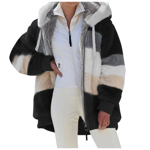 Warm plush patchwork zipper pocket hooded loose coat women m300611