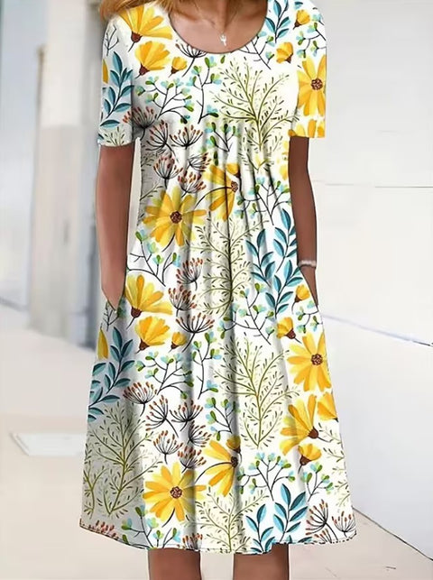 Robe mi-longue à imprimé floral, col rond, poches, printemps/été, pour femme, m300037 