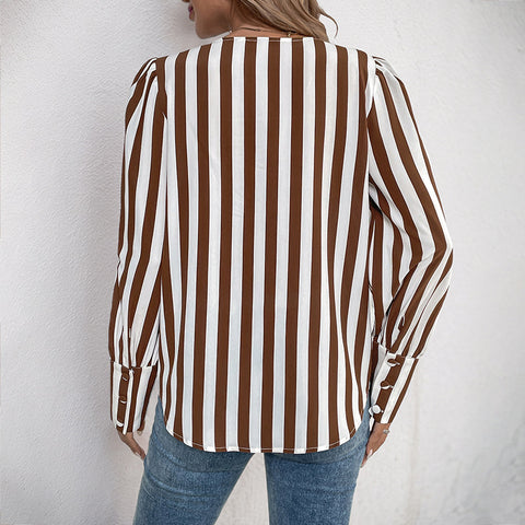Cardigan simple boutonnage à col en V, chemise femme à manches longues à rayures contrastées m300818 