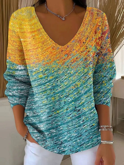 Shoulder V-Neck Long Sleeve Pullover 3D Digital Printing Women's Top T-Shirt m302616