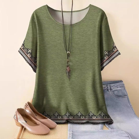 Kurzarm-T-Shirt aus Baumwolle mit Retro-Print im Frühjahr, neues, vielseitiges Rundhals-Shirt mit Bodenbildung m301287 