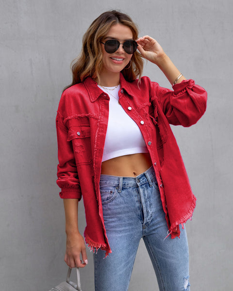 Veste en jean déchirée à ourlet brut, haut décontracté à manches longues et col polo M300220 