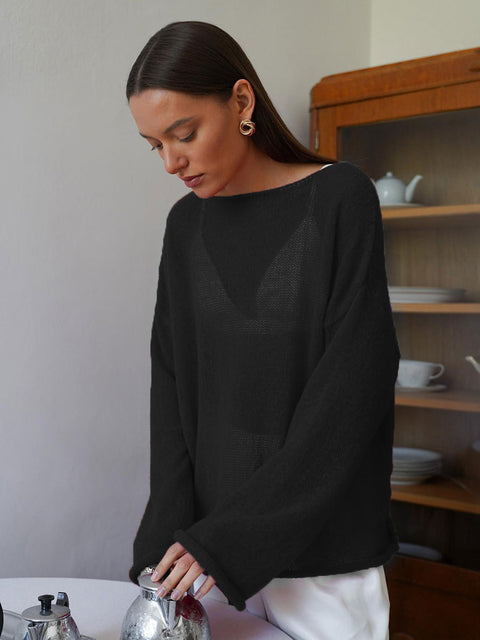 Women's perspective thin large round neck horn sleeve knitted T-shirt m301766
