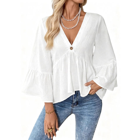 Solid color V-neck lotus leaf sleeve cotton top m302735