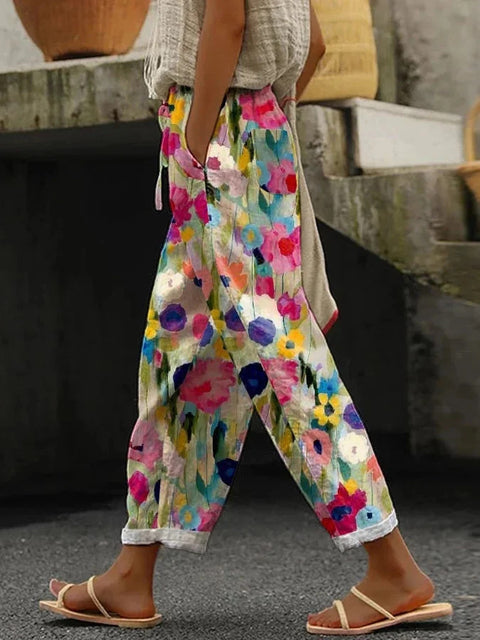Damenhose mit Taschen und lässigem Druck, elastische Taille, gerade geschnittene Hose m301372 