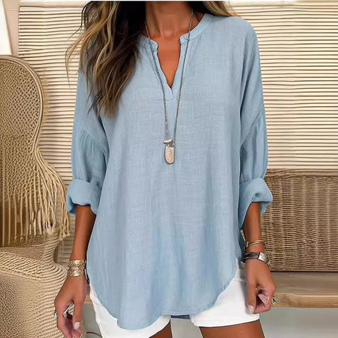 Petit T-shirt à manches longues et col en V pour femme, boutonné sur l'épaule, ourlet incurvé, m301361 