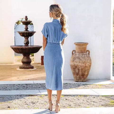 Robe en jean slim à col chemise et plis fendus M300315 