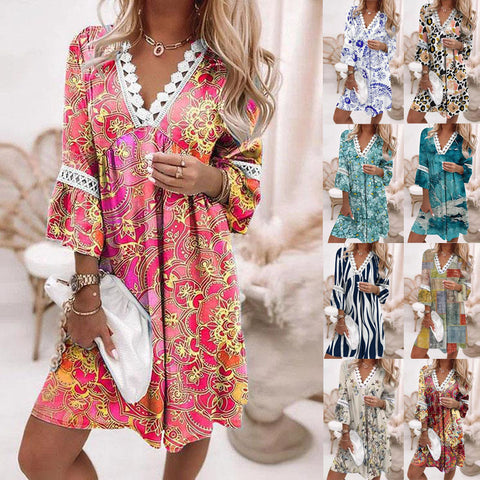 Robe bohème décontractée à col en V et coutures en dentelle imprimées, style vacances M300213 