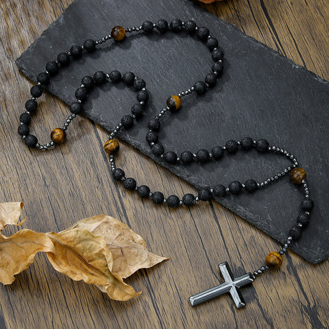 Collier hip hop en pierre naturelle noire, œil de tigre jaune, croix en pierre de fer, m3331291 