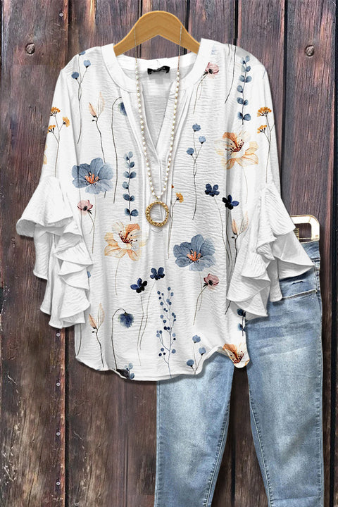 T-shirt à col en V et bordure lotus, imprimé floral créatif, impression numérique, tendance décontractée, m301352 
