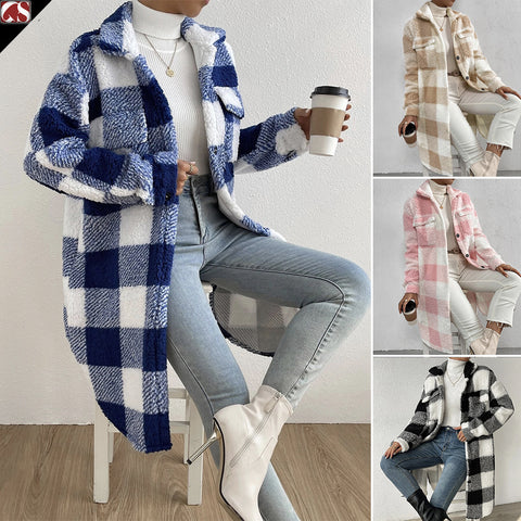 Veste à carreaux en peluche à revers ouvert pour femme, manteau long et ample, style banlieue, m300360 