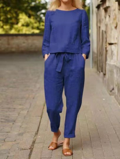 Linen suit women's fashion solid color casual two-piece set m300052