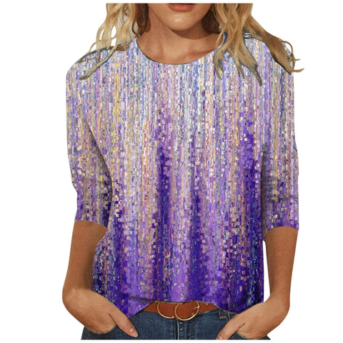 T-shirt ample à col rond et manches 3/4 pour femme, imprimé M300227 