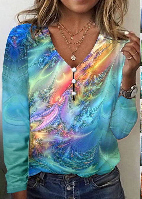 Pull-shirt à manches longues et col en V avec boutons nacrés et étoiles tie-dye m300609 
