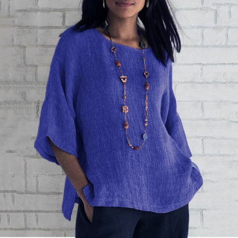 Split sleeved round neck cotton linen shirt top m300053