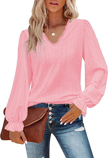 V-Ausschnitt Hohl Casual Plissee Ärmel Top Shirt Herbst m300647