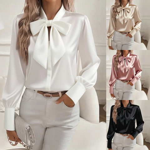 Autumn Long Sleeve Bow Satin Women's Shirt Shirt Top m302359