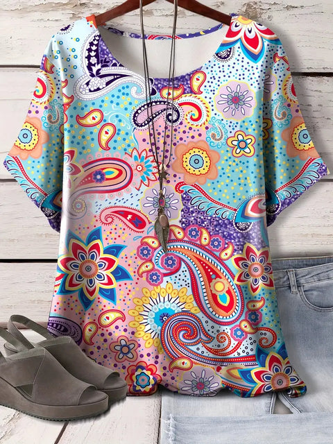 Kurzarm-T-Shirt aus Baumwolle mit Retro-Print im Frühjahr, neues, vielseitiges Rundhals-Shirt mit Bodenbildung m301287 