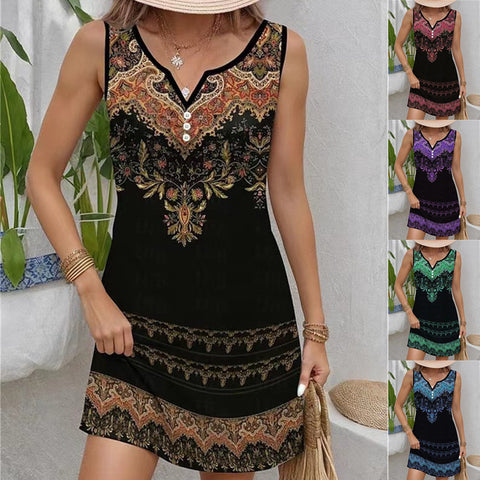 Bedrucktes, ärmelloses Kleid mit V-Ausschnitt und Hosenträgern, modisch und lässig, m300105 