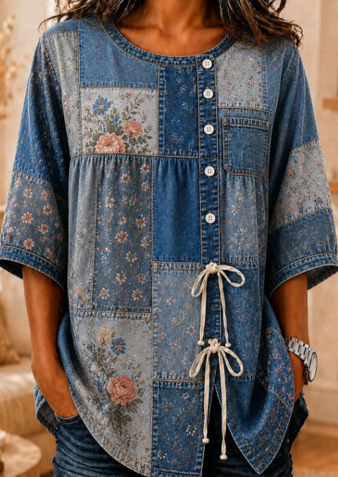 Color matching loose blouse five-button drawstring m302924