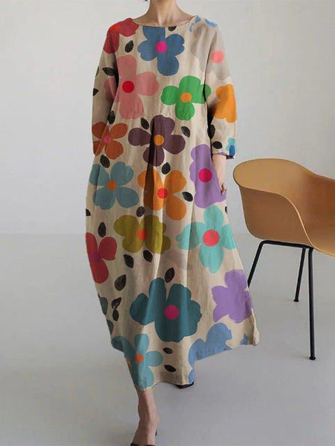 Robe ample à col ras du cou et manches longues imprimée haut de gamme m301044