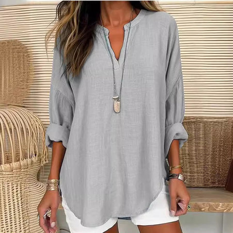Petit T-shirt à manches longues et col en V pour femme, boutonné sur l'épaule, ourlet incurvé, m301361 