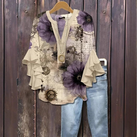 Digital printing casual trend V-neck lotus edge T-shirt women's m302725-2