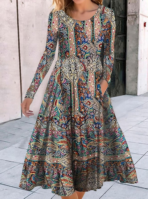 Robe ample à col ras du cou et manches longues, imprimé géométrique, style pendule, m300700 