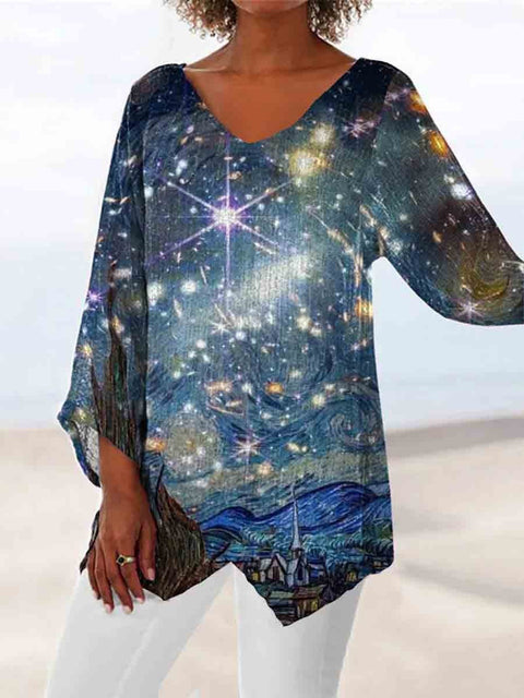 Damen-T-Shirt mit V-Ausschnitt und neunviertellangen Ärmeln und Tiermotiven, lockeres Motiv, m301289 